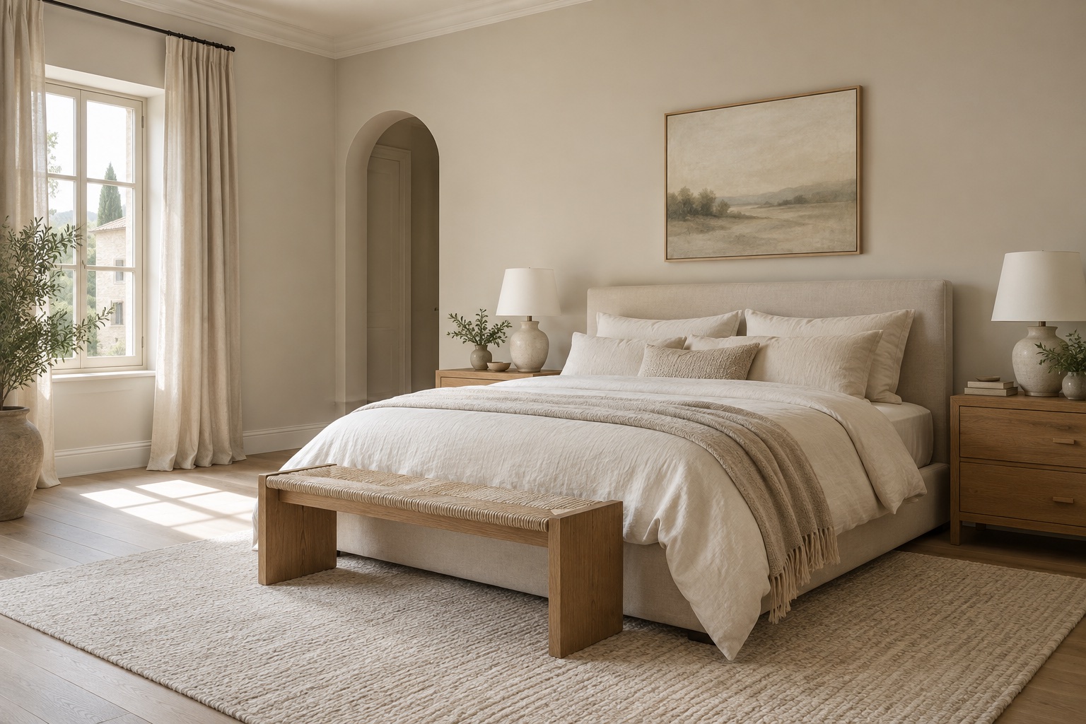 Bedroom with layered bedding and natural light