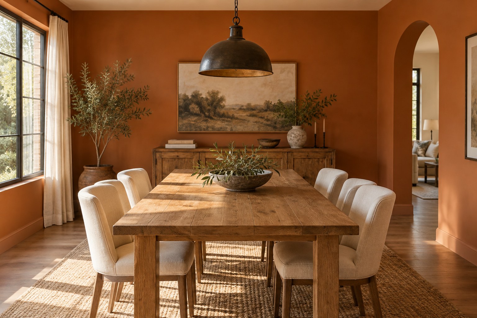 Dining room with clay-colored walls, wood furniture and woven details